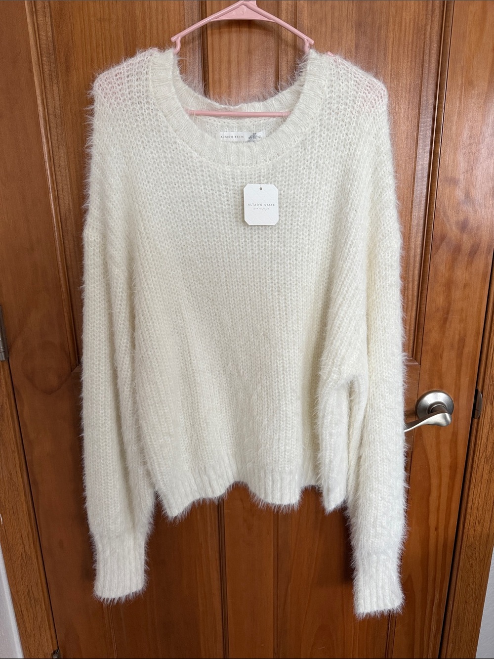 Altar'd State Cream oversized Fuzzy Crew Neck Sweater